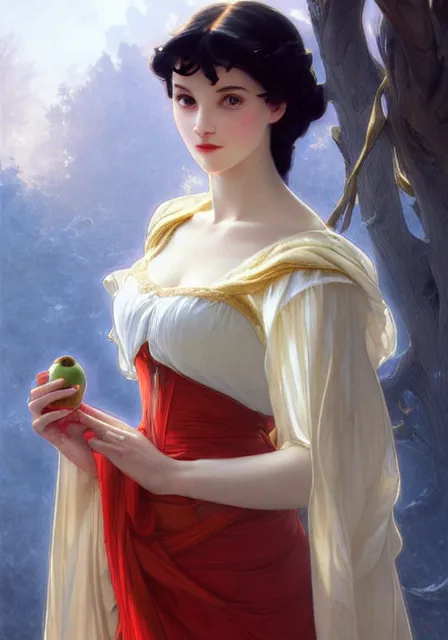 Prompt: snow white and apple, intricate, elegant, highly detailed, digital painting, artstation, concept art, smooth, sharp focus, illustration, art by artgerm and greg rutkowski and alphonse mucha and william - adolphe bouguereau