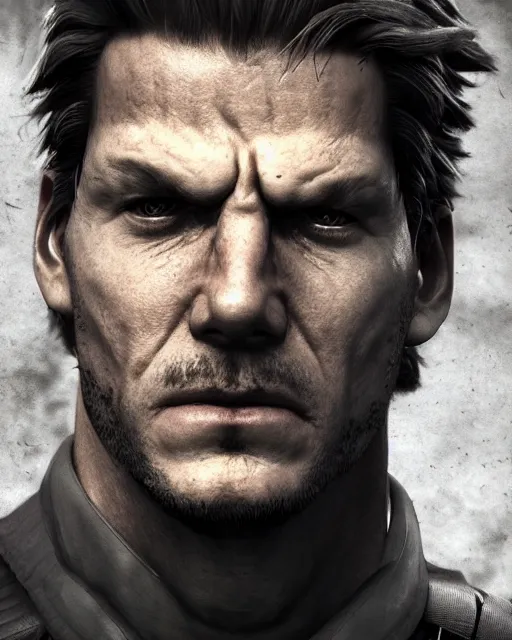 Prompt: solid snake bust portrait, cinematic lighting, backlit face, anguished depressed expression, close - up, black atmospheric background, 4 k photorealistic render, best of artstation hdr, redshift houdini