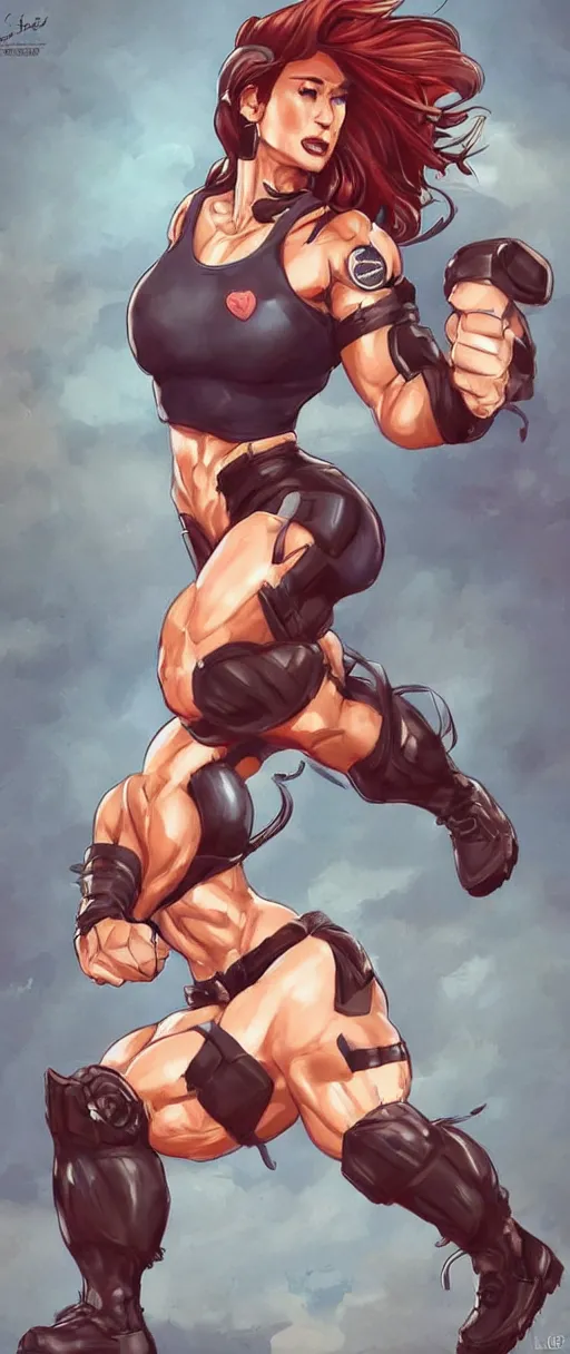 Prompt: a hyper muscular woman, bronze skinned, blue eyes, wearing a black cropped tank top, military pants, brown boots, wavy big red hair, 8 0's hairstyle, red lips, action pose, art by cutesexyrobutts, trending on artstation, illustration, action scene, full body