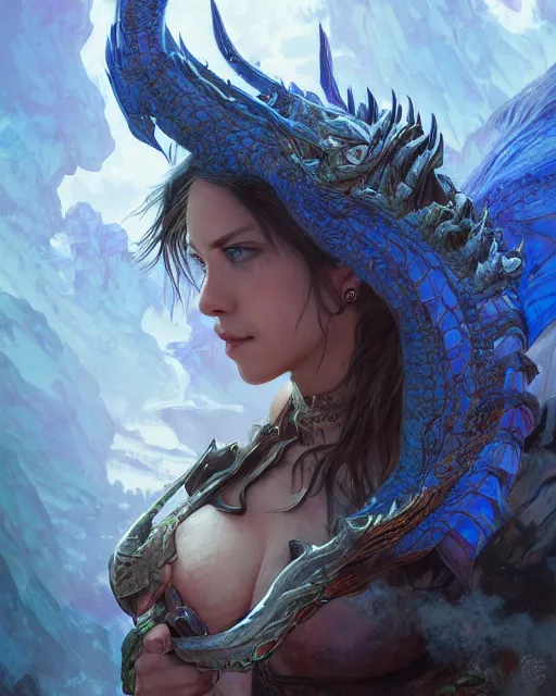 Image similar to Portrait of a Fantasy azure dragon hunter, HD, illustration, epic, D&D, fantasy, intricate, elegant, highly detailed, digital painting, artstation, concept art, smooth, sharp focus, illustration, art by artgerm and greg rutkowski and alphonse mucha, monster hunter illustrations art book