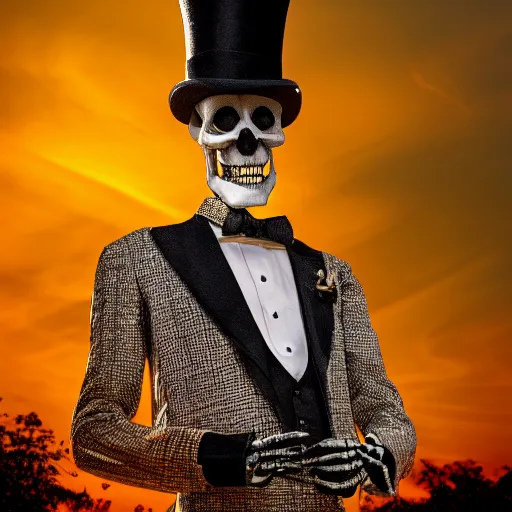 Prompt: Photograph of skeleton wearing a suit and top hat at sunset. cinematic, hyper realism, high detail