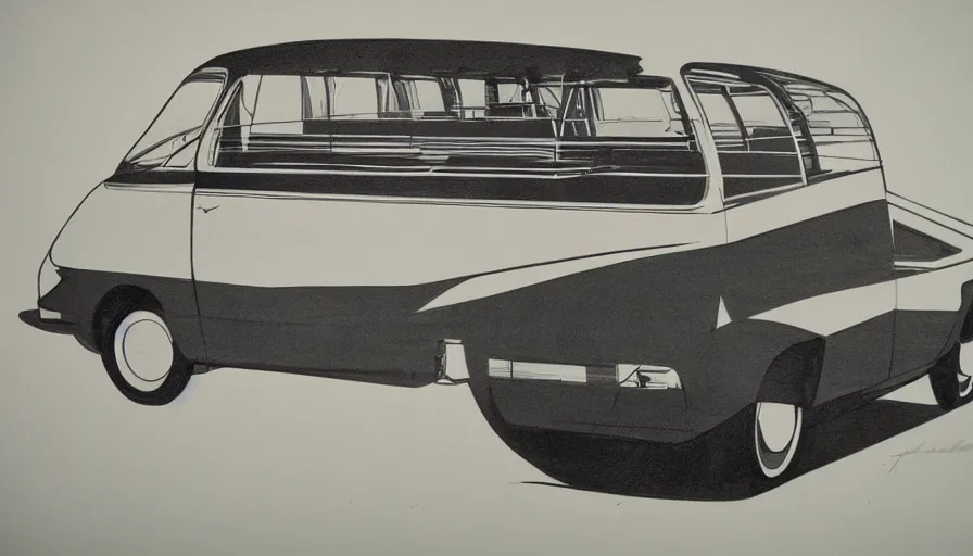 Prompt: 1965 concept drawing my Syd Mead of a passenger van, catalog print