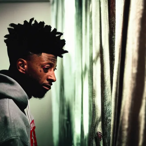 Image similar to cinematic film still of rapper 21 Savage starring in a Horror Anthology Series in the style of Wes Craven, shallow depth of field, HD, nightmare