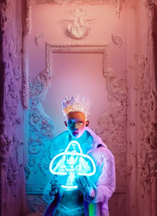 Image similar to photo of baroque and bladerunner delicate neon diamond sculpture of seductive ceramic albino prince reece king dotado creamy orange iridescent humanoid deity wearing white fluffy hoody holding diamond skull in a black metallic dungeon, reclining, glowing rainbow face, crown of white diamonds, cinematic lighting, photorealistic, octane render 8 k depth of field 3 d