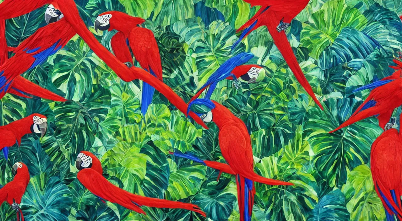 Prompt: a beautiful painting of any of various large tropical plant leaves, macaws fly in the air, koala, zebra, lion, paint on canvas