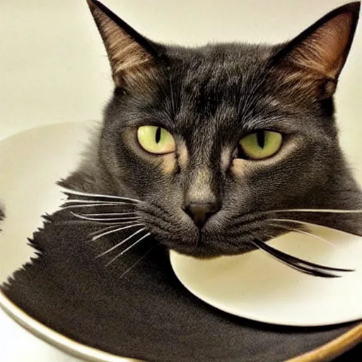 Prompt: a cat with a plate for a face