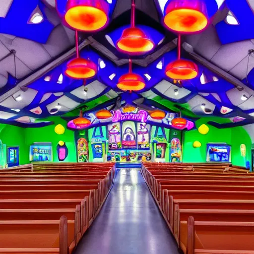 Prompt: photo of interior of a chuck e. cheese church cathedral