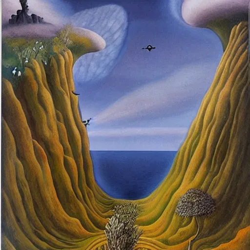 Image similar to painting of a lush natural scene on an alien planet by remedios varo. beautiful landscape. weird vegetation. cliffs and water.