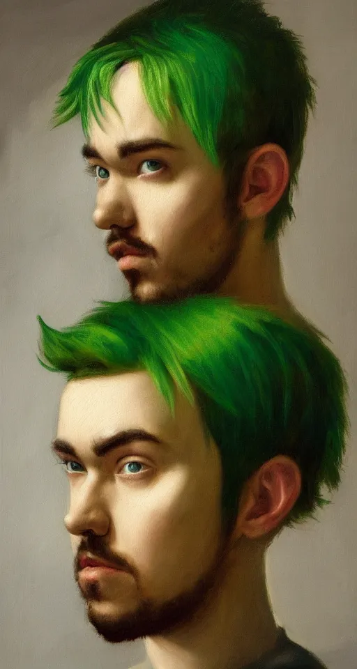 Image similar to jacksepticeye with dyed green hair renaissance portrait painting, chiaroscuro, oil paints on canvas