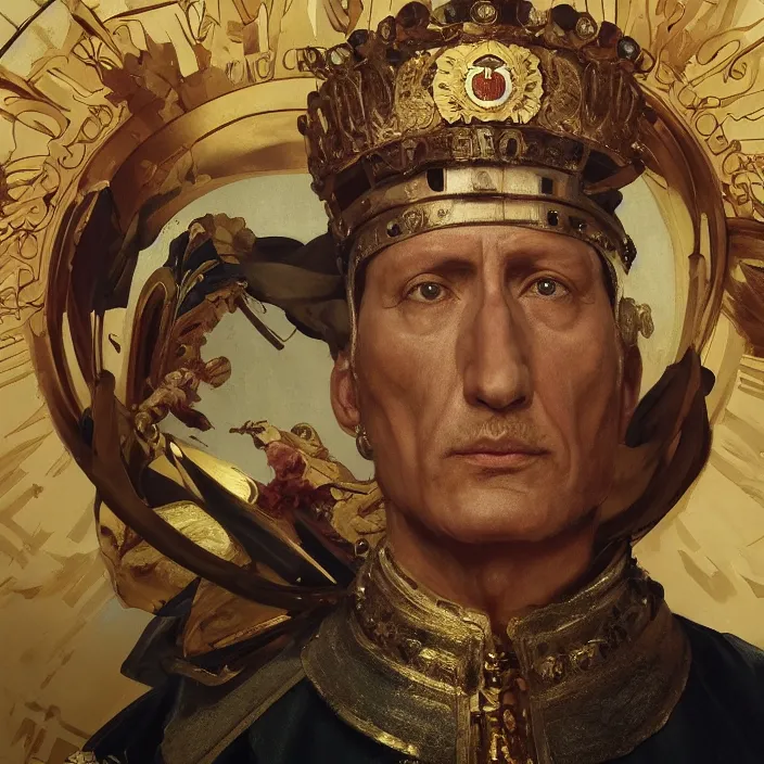 Image similar to excellent painted portrait of the Caesar Invictus the last Emperor of New Rome, dramatic lighting of an emperor's final moment, masterpiece painting with detailed face, 4k, trending on artstation, octane render, art by artgerm and greg rutkowski and alphonse mucha and craig mullins and James Jean and Andrei Riabovitchev and Marc Simonetti and peter mohrbacher