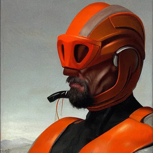 Image similar to a portrait of Gordon Freeman in his HEV suit by Caravaggio