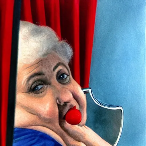 Image similar to a very funny fellini cinematic style. of a sweet fat old woman kissing her reflection. symmetrical face, red mouth, blue eyes. a flowered dress. a hyper - realistic scene. 3 d, octane processing, deep focus, white scene. a very funny and sweet picture. unreal engine. watercolor. freud painting style