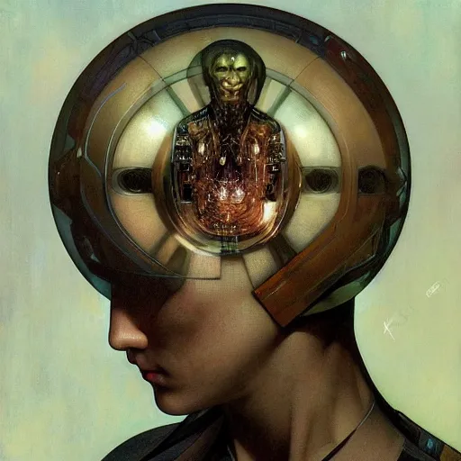 Image similar to portrait of a beautiful male android, coy, circuitry visible in head, in the style of ex machina, karol bak, alphonse mucha, greg rutkowski, award winning, hr giger, artstation