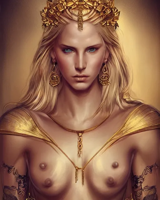 Image similar to tattoo design sketch of hot blonde super model as aphrodite greek goddess wearing a gold laurel wreath and triangle earrings, beautiful piercing gaze with sharp pupils, in the style of greg rutkowski, fantasy, amazing detail, epic, elegant, smooth, sharp focus, front view