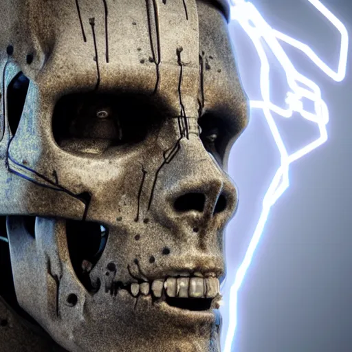 Image similar to portrait of Jesus that is half terminator robot and half skull with wires hanging from the face ,wetcore, ultrarealistic, insane details, highly detailed, particles, octane render, hdr, dynamic lighting , 8k, photorealistic, hyperrealistic, volumetric lightning, particles, atmospheric