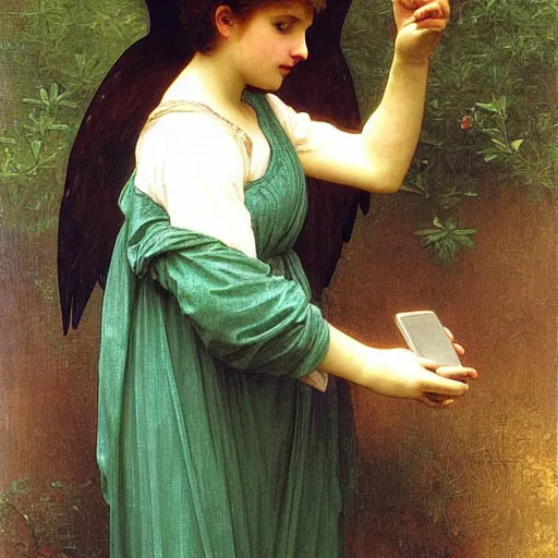 Prompt: a glorious oil painting of an angel talking through an iPhone, by Bouguereau, highly realistic and intricate