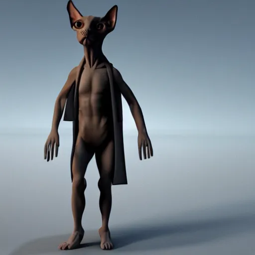 Prompt: Sphynx cat standing like a man, with pectoral muscles, wearing a fabric jacket, long tattoos on her hands, 3d render