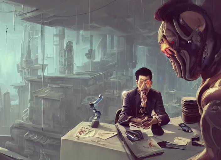 Image similar to an insanely detailed painting of an asian man wearing a homemade superhero costume, sitting at a desk, staring seriously at the computer and typing, in the style of peter mohrbacher, james jean, dramatic lighting and composition, surreal background, octane render, pixar, trending on artstation, concept art, comic book, view from behind, 8 k