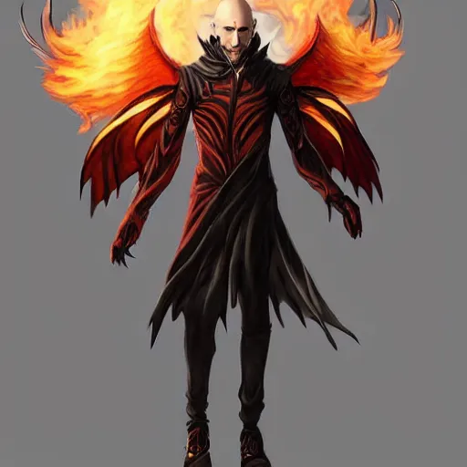 Prompt: full body anime style human in dragon form, bald, beard made of fire. fantasy style. very punk / alt aesthetic. wings and tail, a highly detailed, digital painting, artstation, concept art, matte, sharp focus, illustration, art by artgerm and greg rutkowski