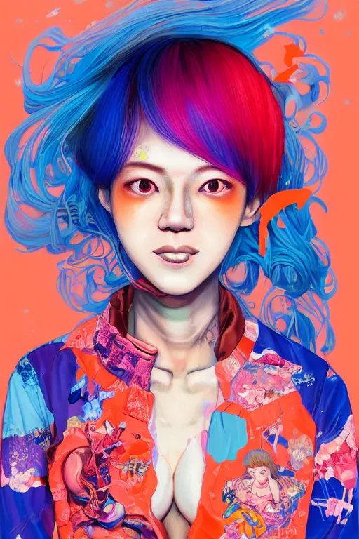 Image similar to a award winning half body portrait of a beautiful woman in a croptop and cargo pants with ombre orange blue teal hairstyle with head in motion and hair flying by yoshii chie and hikari shimoda and martine johanna and will eisner, outrun, vaporware, digital art, trending on artstation, highly detailed, fine detail, intricate