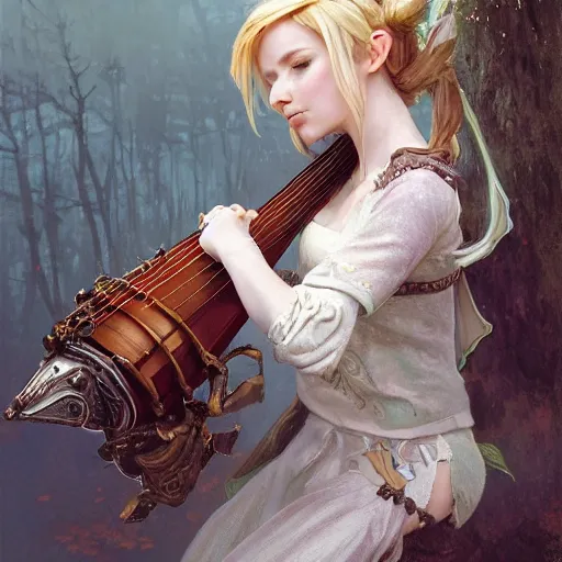 Image similar to elf fairy bard with a lute, art supplies in bag, wearing a cardigan, blonde, highly detailed, intricate, digital painting, artstation, sharp focus, illustration, art by jakub rozalski, greg rutkowski, artgerm, tan zi and ayanamikodon and alphonse mucha and wlop