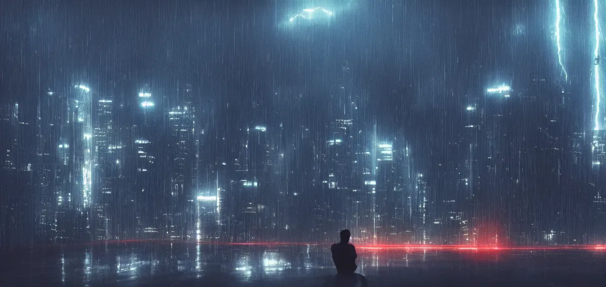 Prompt: shot of the roof with single man sitting on the edge during rain, below impressive cyberpunk night city during great rainy storm with lightning, nightscape, futuristic architecture, realistic photo, neons, blade runner, akira style, cinematic lighting, cinematic angles, dramatic perspective, glory, awe