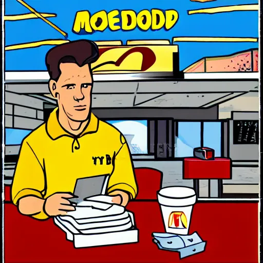 Image similar to Tim Dillon working at McDonalds because he lost all of his money leverage trading bitcoin, mike judge art style, 90s mtv illustration