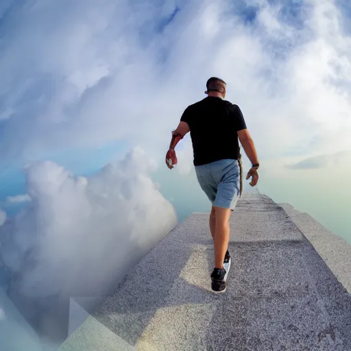 Image similar to walking around on clouds, GoPro, wide angle lens, high resolution 8k,