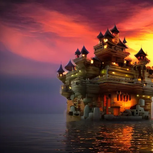 Prompt: an incredible floating castle and a floating boat, at sunset, very details, 8 k, by neil blevins