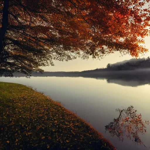 Image similar to a ghostly woman in a white dress rising from a quiet misty lake, high resolution photograph, autumn, sunset, eerie light