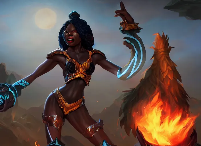 Image similar to black american deity character concept art, digital illustration, trending on artstation, epic composition, scenic background, 8 k uhd, masterpiece, league of legends splash art, octane render, highly detailed, perfect lineart