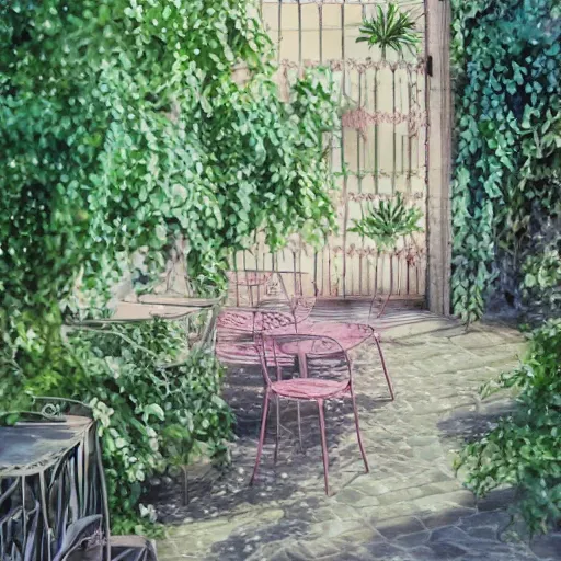 Image similar to delicate, chairs, garden, paved, botanic watercolors, iridescent, 8 k, realistic shaded, fine details, artstation, italian, iron gate, tree, mediterranean, neon