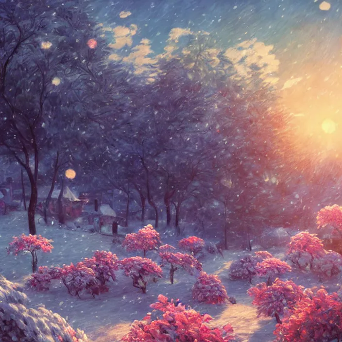 Image similar to an epic makoto shinkai and renoir landscape with a snowy fantasy landscape, candycanes, candy land, golden hour, 🌺, ultra smooth, lois van baarle, ilya kuvshinov, unreal engine, blender, trending on artstation, suntur, caleb worcester, highly detailed, photorealism, bloom effect 8 k