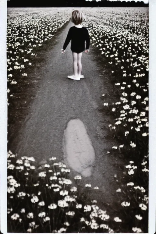 Image similar to photo polaroid of sad and lonely child in the middle of a country road with many flowers in the fields, loneliness, black and white ,photorealistic, 35mm film,