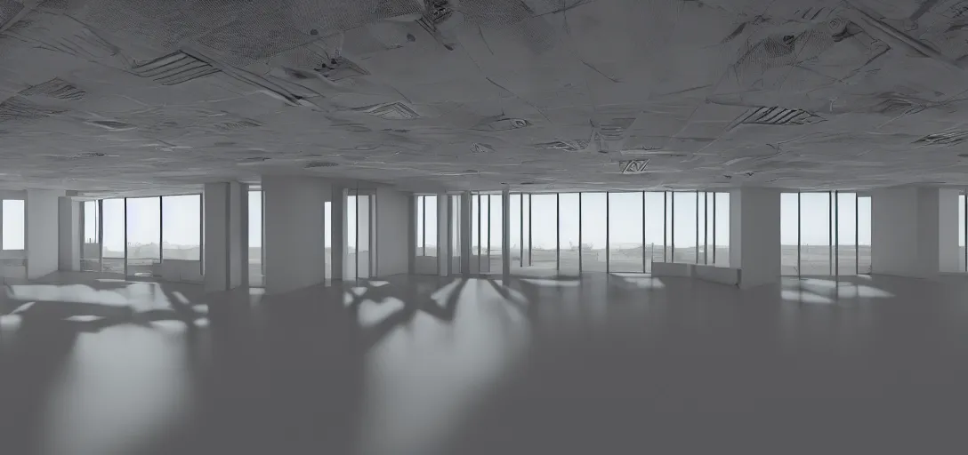 Image similar to empty office in the middle of nowhere, bright, 8 k photorealistic, hd, high details, trending on artstation