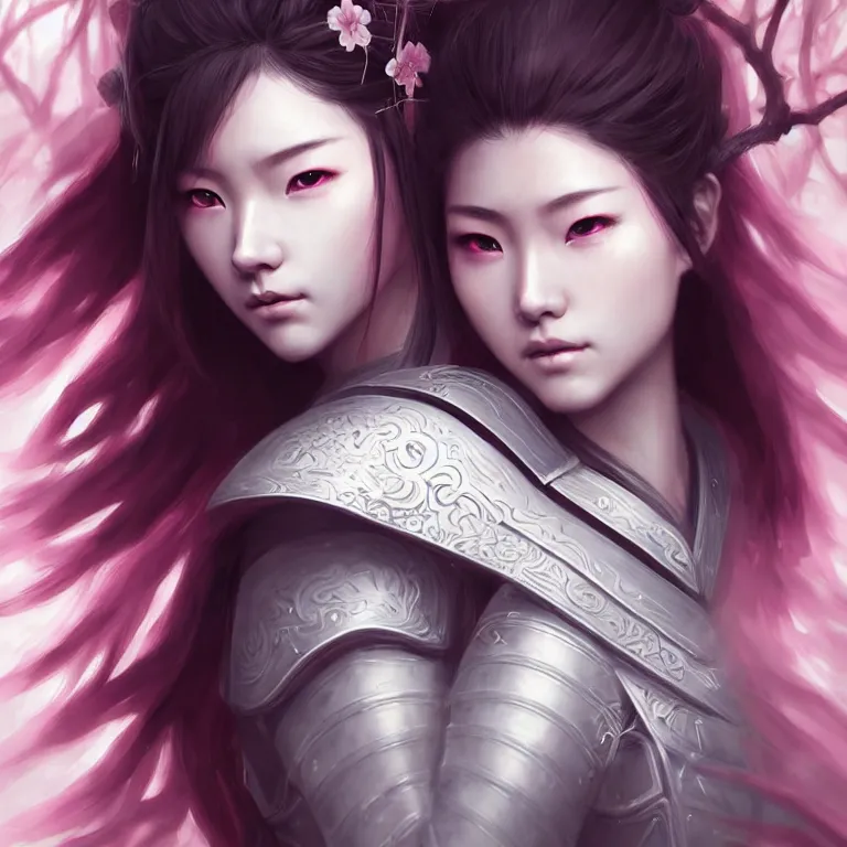 Prompt: cute female samurai wearing pristine armor by charlie bowater and titian and artgerm, portrait, intricate, face, pink sakura forest, flowing hair, grey eyes, elegant, magenta mist, highly detailed, dramatic lighting, sharp focus, trending on artstation, artstationhd, artstationhq, unreal engine, 4 k, 8 k