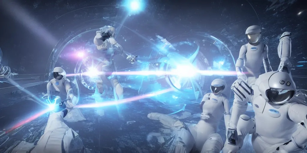 Image similar to futuristic spacemen firing lasers in zero gravity, skintight suits, floating, floating white star - shaped obstacles, surrounded by a laser grid, unreal engine, lensflares, low perspective