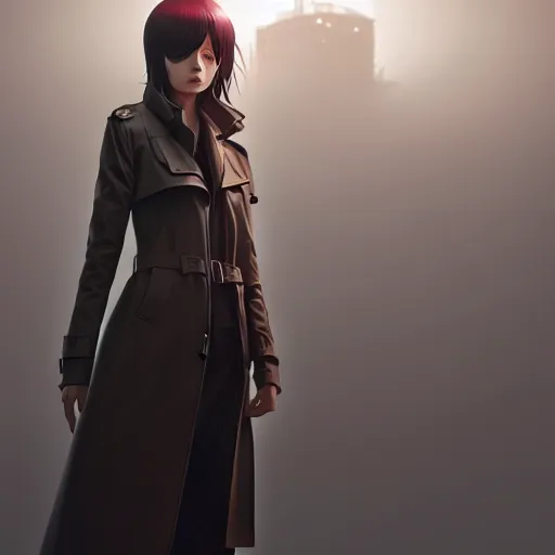 Prompt: realistic render of a cyborg - girl wearing a long trench coat by ross draws, futuristic dystopian city by ilya kuvshinov, digital anime art by ross tran, composition by sana takeda, lighting by greg rutkowski