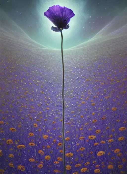 Image similar to detailed, intricate blue black and purple papaverum flower on the field, nebula, galaxy in the sky, winning award masterpiece, fantastically beautiful, illustration, aestheticly inspired by beksinski and dan mumford, upscale with simon stalenhag work, artstation, 8 k