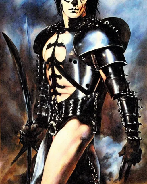 Image similar to portrait of a skinny goth punk keany reeves wearing armor by simon bisley, john blance, frank frazetta