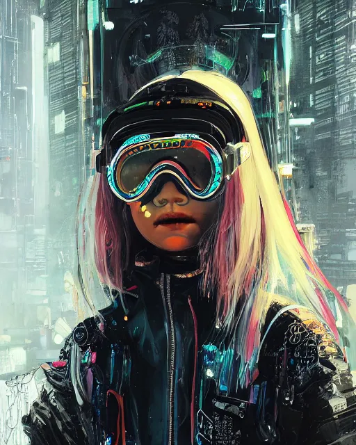 Prompt: detailed portrait neon guard girl with long straight blonde hair goggles seen from the back, cyberpunk futuristic, reflective puffer jacket, black leggings, decorated with traditional ornaments in front of a dystopian crowd with piles of garbage by ismail inceoglu dragan bibin hans thoma, perfect face, fine details, realistic shaded, fine - face, pretty face