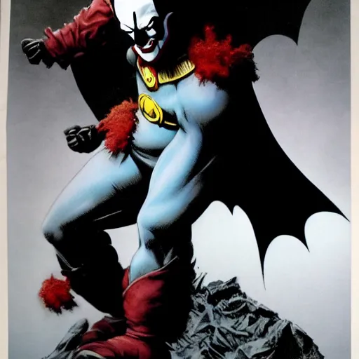 Image similar to frank frazetta the batman as pennywise, full body, 8 k, realistic, photo real, smooth, sharp, intricate detail, hyper detail, dramatic lighting, dramatic shading