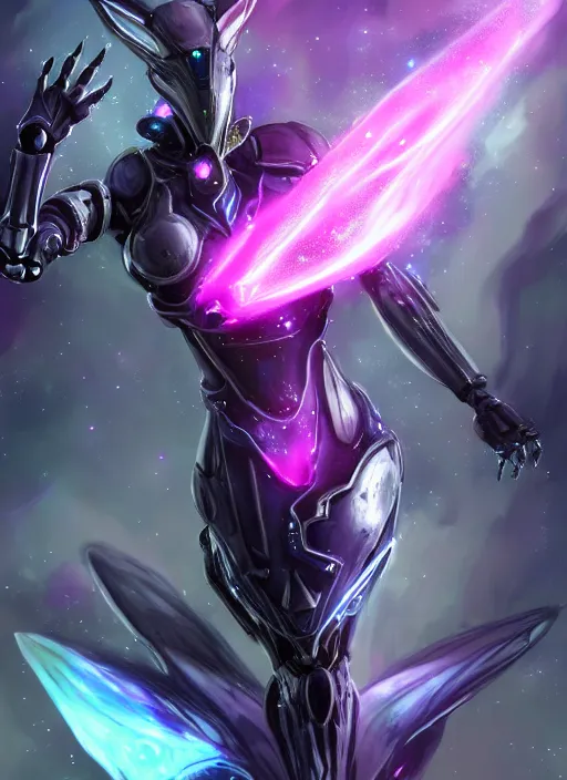 Image similar to cinematic shot, bust, cosmic sized perfectly proportioned stunning beautiful hot female warframe, robot mecha female dragon head, silver armor, fuschia leds, floating in empty space, nebula sized, holding a galaxy, epic proportions, epic size, epic scale, furry art, dragon art, giantess art, warframe fanart, furaffinity, deviantart
