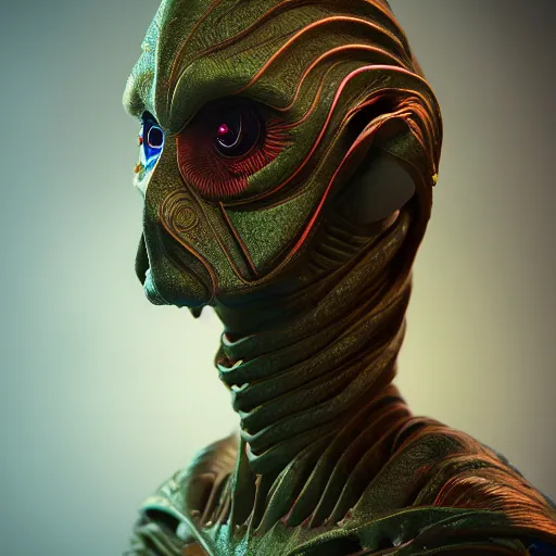 Image similar to portrait of an extraterrestrial creature, renaissance style, star wars character, volumetric lights, symmetry, headpiece, trending on artstation, sharp focus, leica, studio photo, intricate details, highly detailed