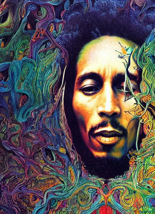 Image similar to colour masterpiece surreal closeup portrait photography of bob marley by miho hirano and annie leibovitz and michael cheval, weird surreal epic psychedelic complex biomorphic 3 d fractal landscape in background by kilian eng and roger dean and salvador dali and beksinski, 8 k