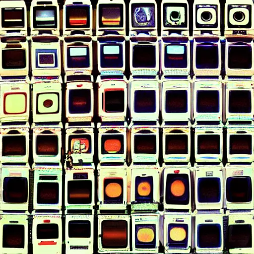 Image similar to array of crt televisions made out of fur, tv static, blob, antenna, stacked, polaroid, steroids, adult video store, impressionist painting, painting, acrylic painting, cell shaded