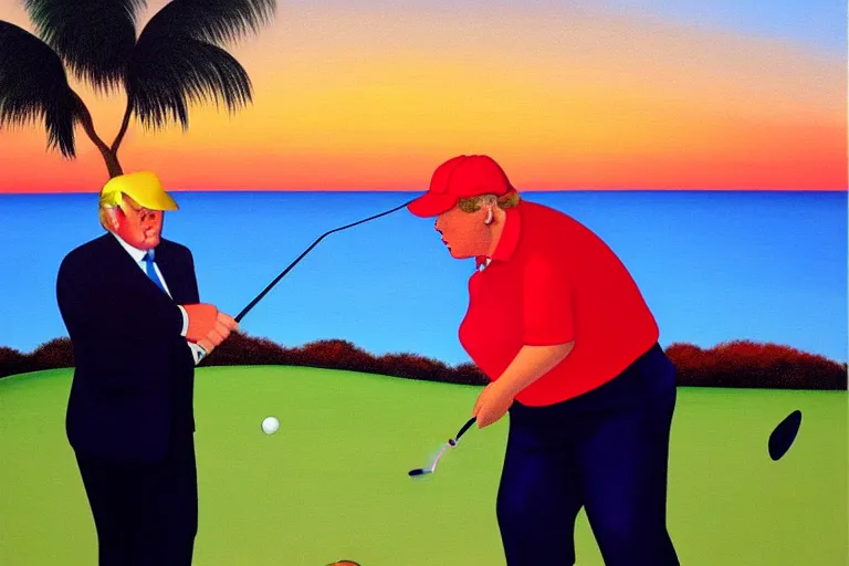 Prompt: chubby Donald Trump with red base cap playing golf on a golf course nearby the sea in the sunset with palms, by Botero, oil painting