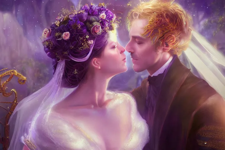 Image similar to a dreamlike cinematic portrait of wedding photograph close up moment of a divine a russia sun god and moon goddess lovers magician at a wedding banquet. portraiture. digital painting. artstation. concept art. fantasy wedding photo. digital painting, 8 k realistic, hyper detailed, violet evergarden art masterpiece by art by krenz cushart