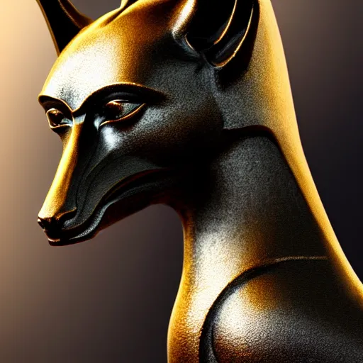 Prompt: a statue of anubis made of black ebony, decorated with gold and enamel,, elegant, epic, detailed, intricate, digital painting, concept art, realistic detailed, smooth, focus, rim light