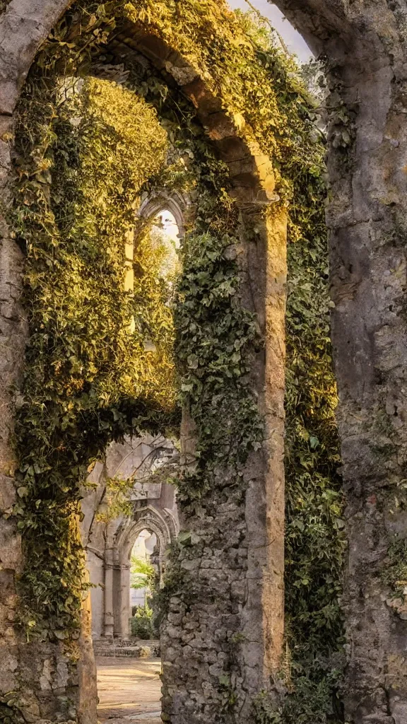 Prompt: overgrown ruined stone archway into a magical city, beautiful, intricate, detailed, golden light, photograph, 8 k